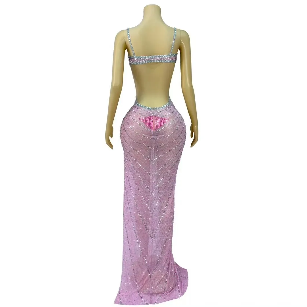 Sexy Pink Sparkly Rhinestones Supenders High Split Backless Dress Women Evening Prom Gown Red Carpet Stage Photoshoot Costume
