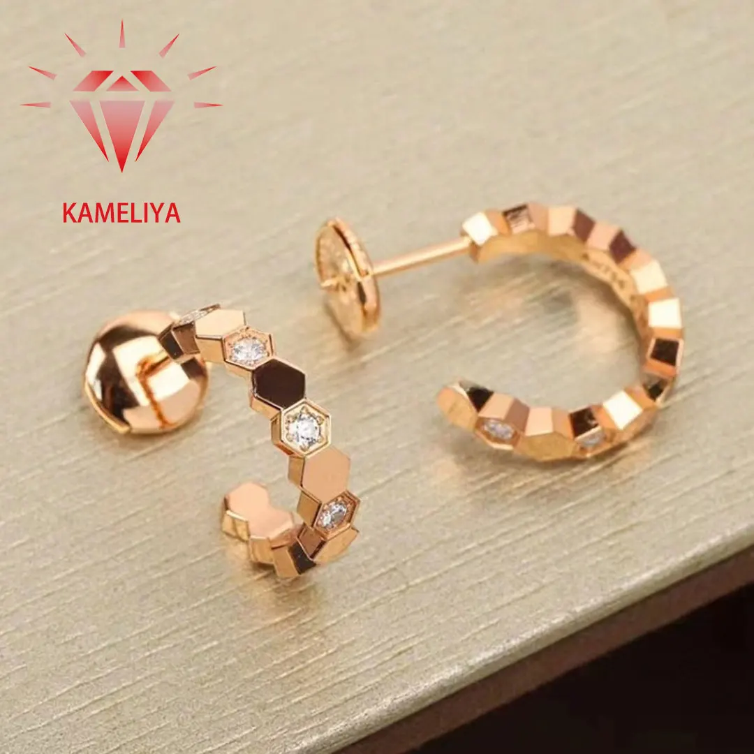 

KAMELIYA Honeycomb Earrings Rose Gold Plated S925 Sterling Silver Zircon Hexagon Stud Earrings for Women Party Fine Jewelry Gift