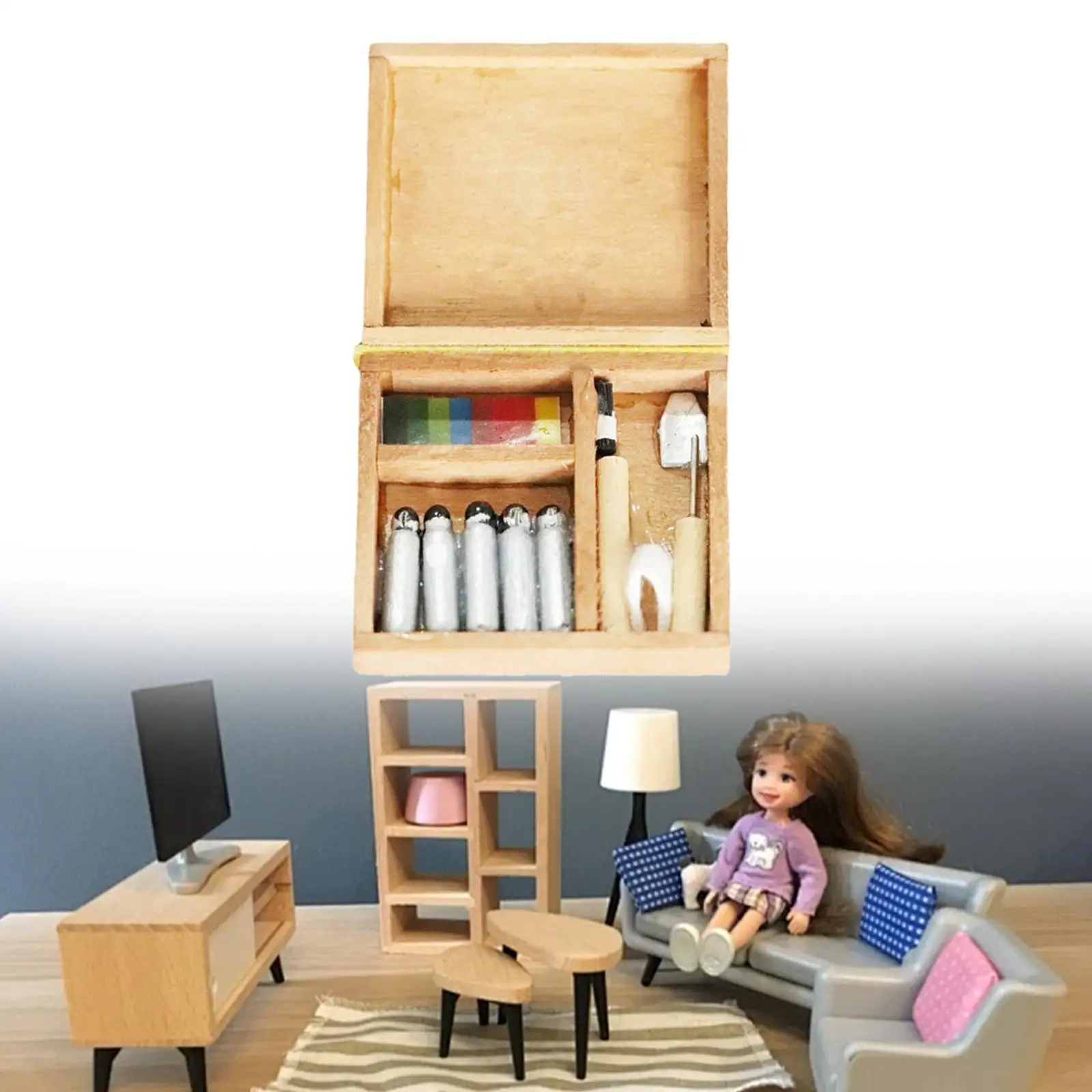 1: 12 Scale Dollhouse Mini Paint Box Brushes Painting Tool Set for Decor