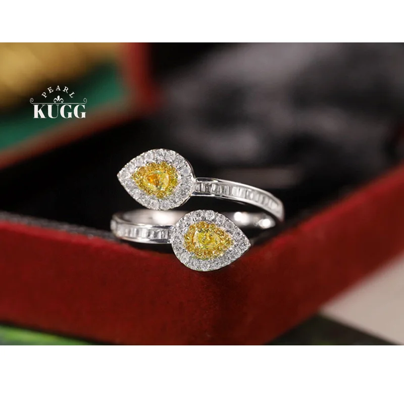 KUGG 100% 18K White Gold Rings Real Natural Yellow Diamond Engagement Ring for Women Fashion Design High Party Jewelry