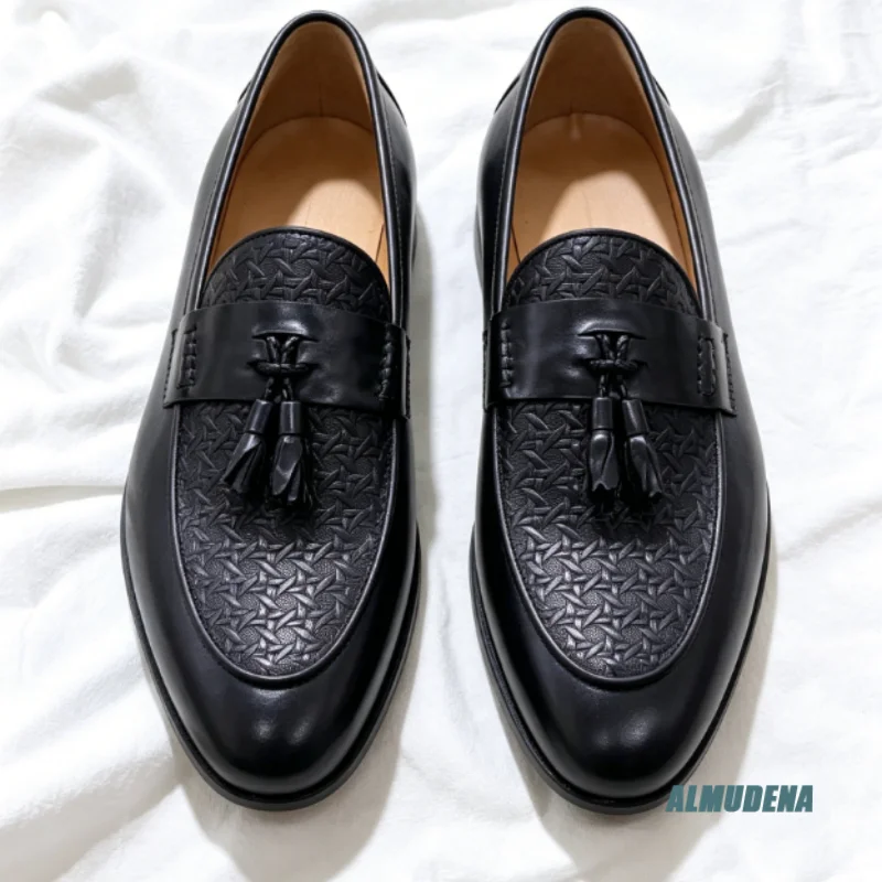 Trendy Men Retro Tassel Loafers Embossed Faux Leather Slip On Chic Business Daily Party Comfort Pointed Toe Formal Dress Shoes