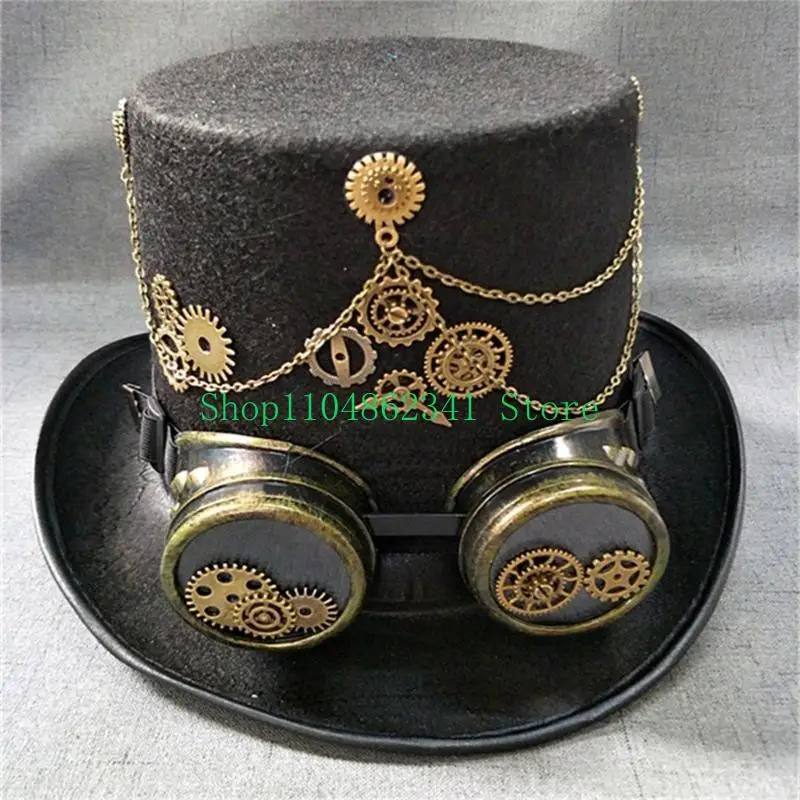 

652F Adult Victorian Hat Steampunk Flat Top Hat with Goggles Decors for Taking Photo