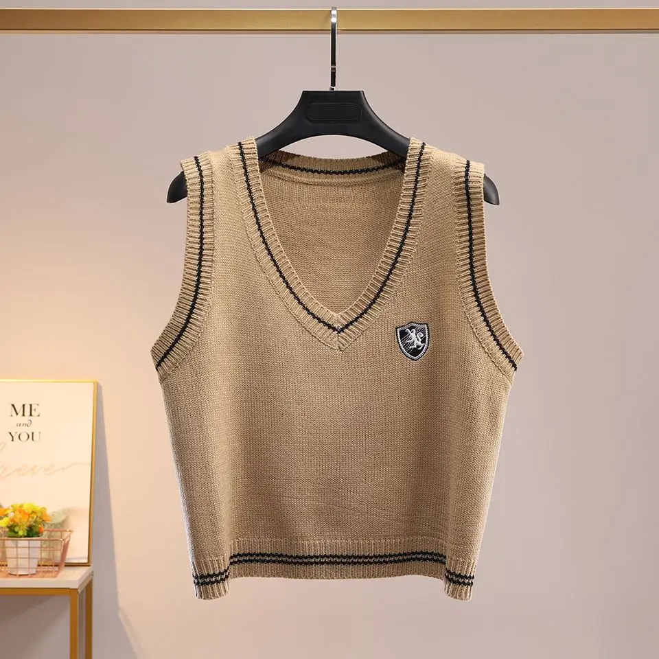 Autumn New Preppy Style Embroidered V-neck Sleeveless Sweater Vest Female All-match Patchwork Knitting Pullover Tank Top Women\'s