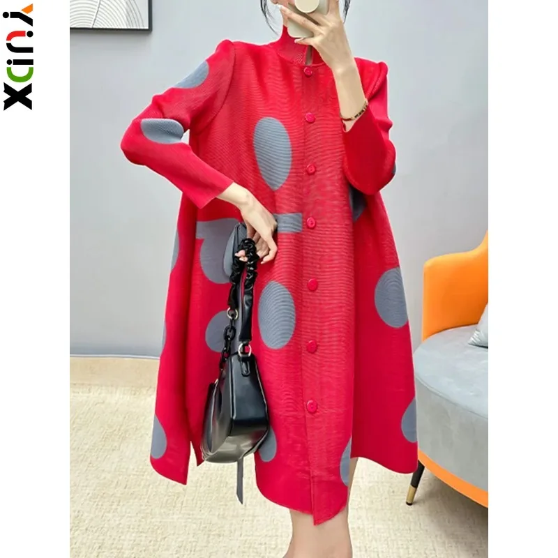 

YUDX Miyake Pleated Print Dress Women Stand Collar A Line Medium Long Full Sleeve New Elegant 2024 Loose Clothing Female