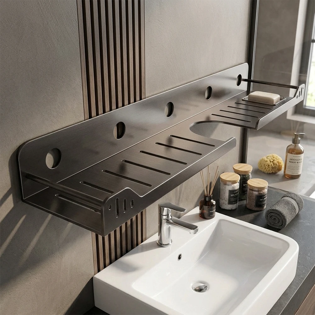 Wall Mounted No Drill For bathroom Storage Rack for Sink For vanity Mirror Carbon Steel 40x12x6cm Gunmetal Gray Compact Shelf