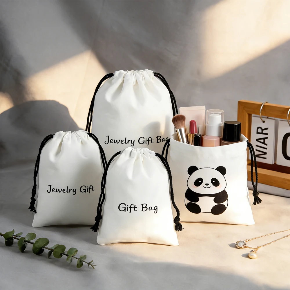 

Custom Logo White Cotton Jewelry Gift Bags 3x4‘’ Makeup Ring Earrings Drawstring Natural Canvas Pouches Wedding Candy Dust Sack