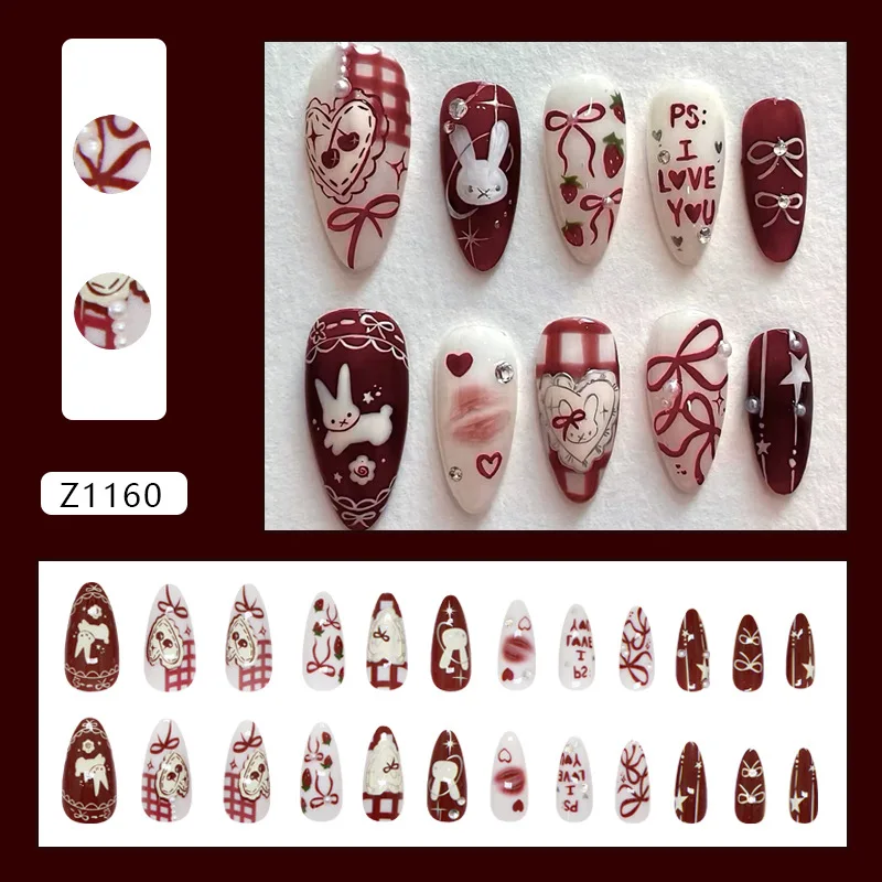 24 Stück lange Mandel-Nägel zum Aufdrücken – weiße Hasen mit roten Schleifen, Herz-Strasssteinen, Perlen und rosa und weiß kariertem Muster