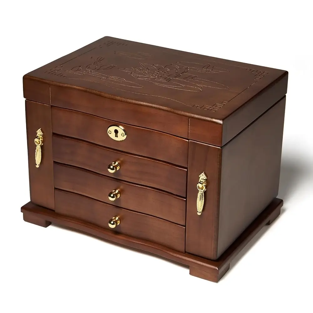 Caja de Joyería de Madera para Mujer, Organizador de Joyas de Madera Maciza con Espejo y 3 Cajones, para Anillos, Collares, Estilo Vintage