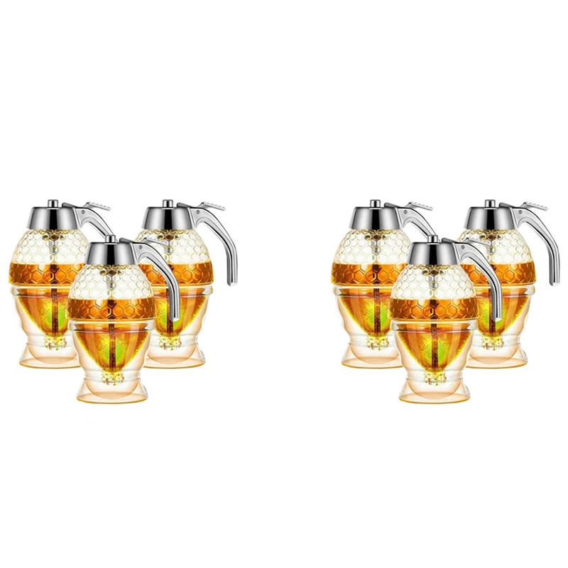 Honey Dispenser, No Drip Syrup Container With Stand, Beautiful Honeycomb Shaped Honey Pot, Syrup Sugar Container, 6 Pack