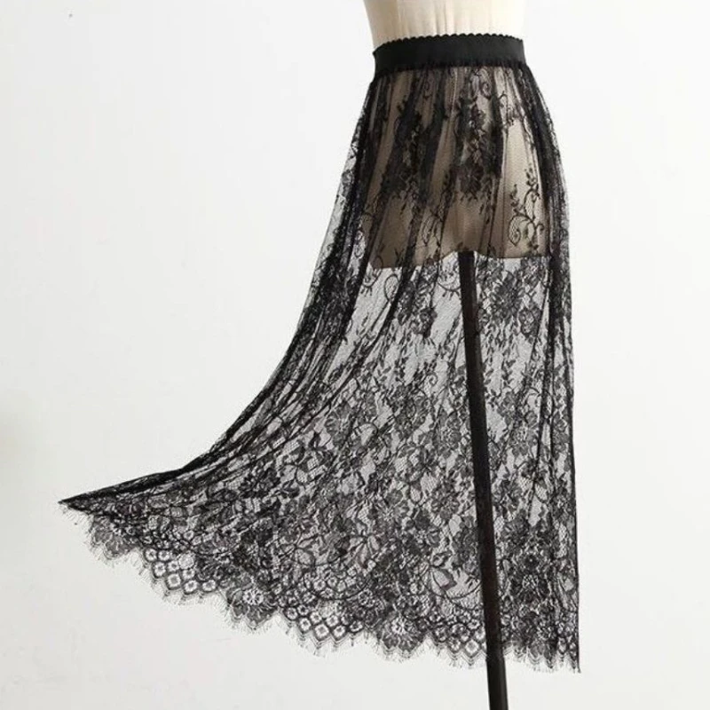 Ladies Elastic High Waist Elegant Black White Lace Tulle Skirt 2 Length Options Transparent Long Midi Beach Skirt for Summer