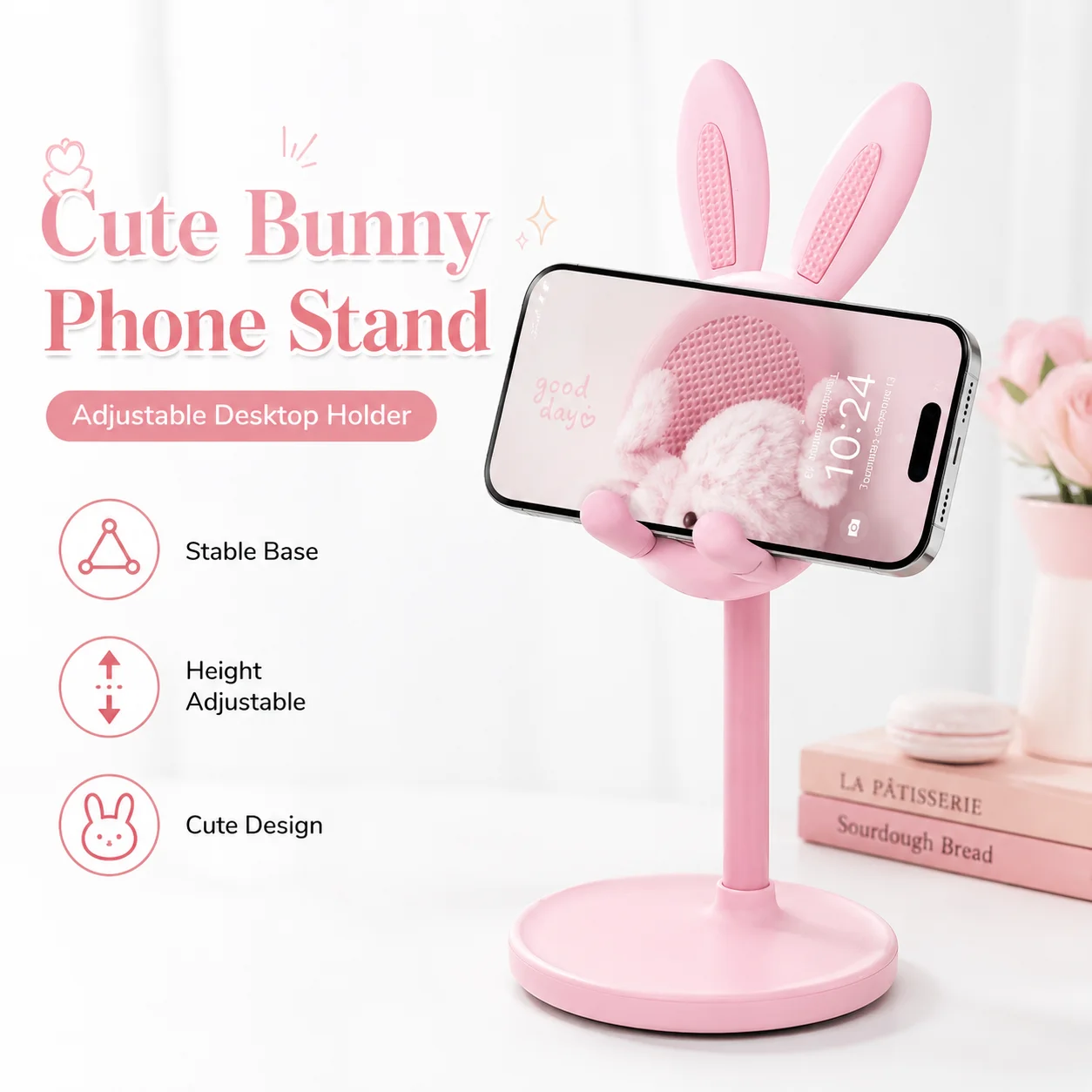 

Cute Rabbit Phone Stand Kawaii Adjustable Tablet Holder for Desktop Aesthetic Room Decoration Hands-Free Video Watching Compatible with All Smartphones & Tablets Pink