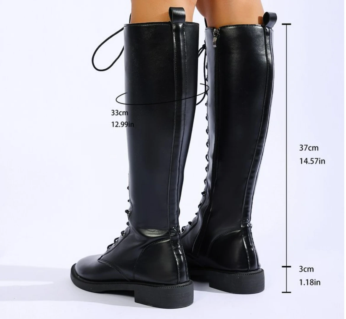 Winter Round‑toe PU Leather Cross‑tied Knee‑High Motorcycle Boots Women Comfortable Plus Size43 Side Zip Daily Wear Ladies Boots - view 6