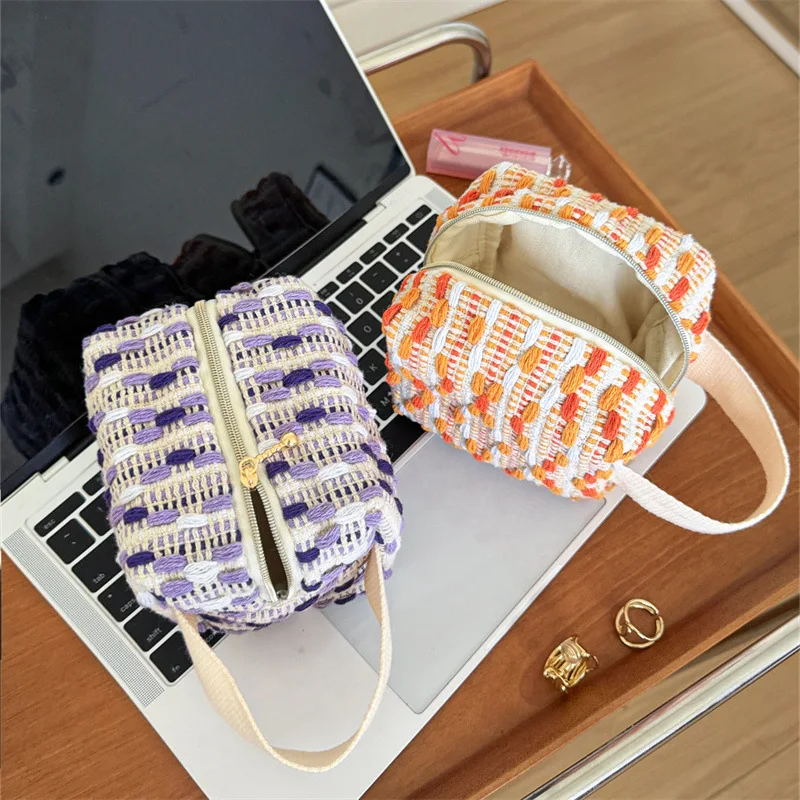 Striped Woven Tote Makeup Bag Ins Style Large Capacity Portable Travel Storage Pouch Contrast Color Inner Organizer Case Bags