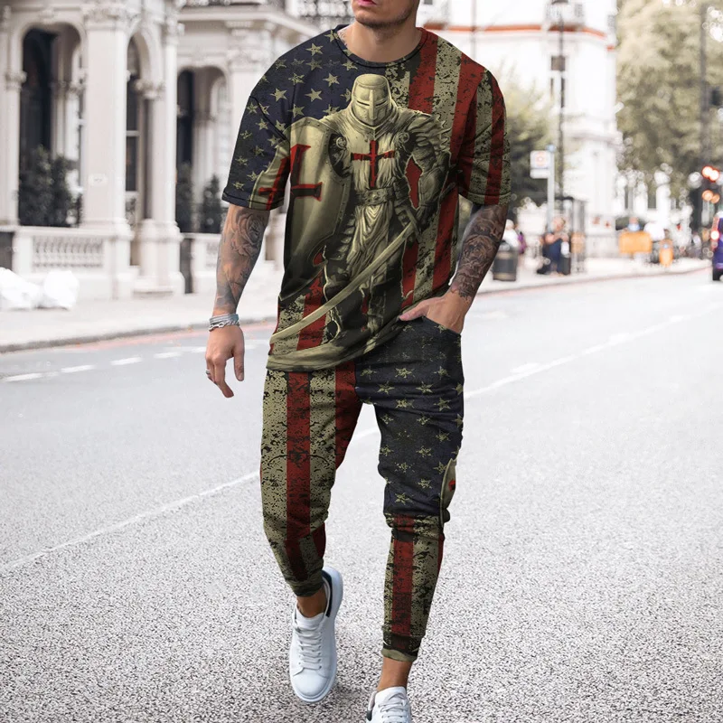 Tuta da uomo Casual Outfit 2 pezzi t-shirt a maniche lunghe pantaloni Set America Flag oversize Streetwear Suit abbigliamento quotidiano