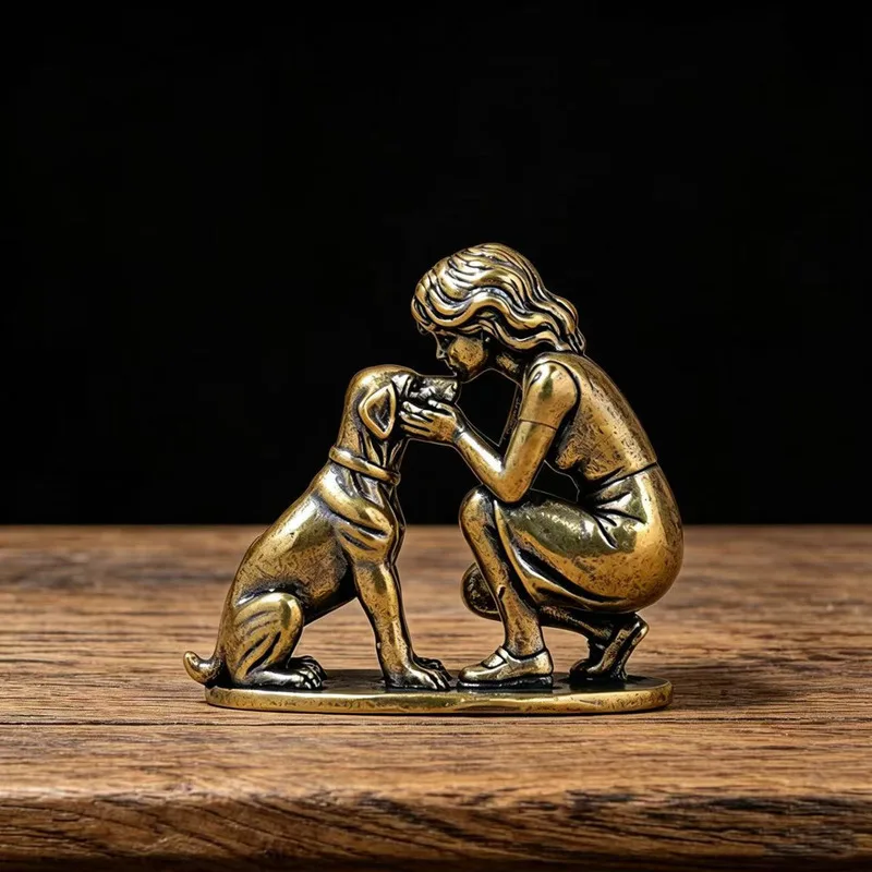 Brass girl and statue decorative piece featuring a woman holding a dog's head copper sculpture handcrafted ornament