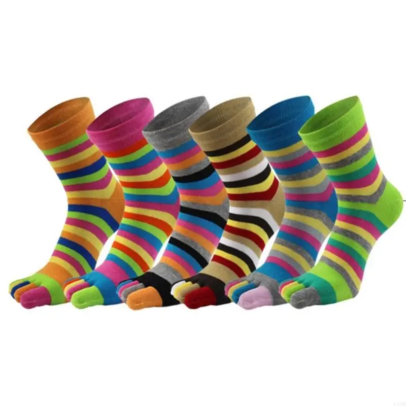

LXAD 6 Pairs Women Cotton Five Finger Ankle Socks Rainbow Colorful Striped Breathable Toe Separated Tube Hosiery Gifts