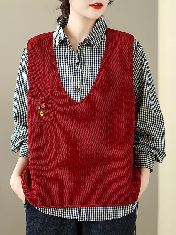 루즈핏 브이넥 니트 베스트 여성용 봄 가을 신상 스타일 민소매 겹겹이 입는 티셔츠 상의 출퇴근 스타일