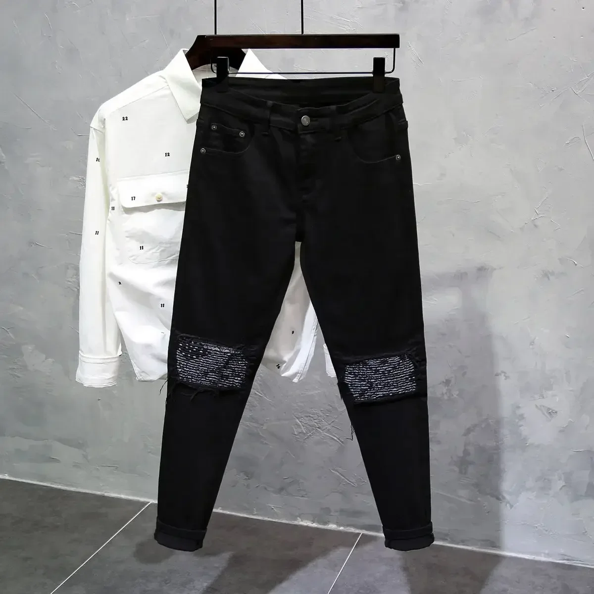 

Trousers Ripped Torn Jeans for Men Skinny Broken Male Cowboy Pants Tight Pipe Black Cropped with Holes Slim Fit Designer Cotton