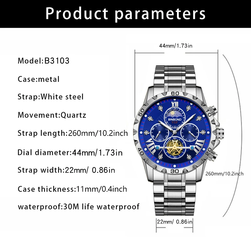 BINBOND Orologio militare di lusso da uomo Orologio sportivo da polso da uomo al quarzo Cronografo luminoso impermeabile Orologi da uomo in acciaio inossidabile
