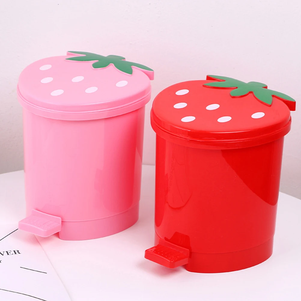 

Lovely Strawberry Mini Trash Can With Lid Reusable Portable Plastic Garbage Basket Home Desktop Supplies Garbage Container