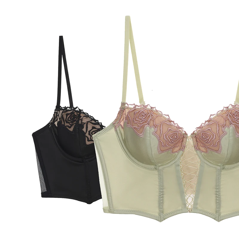 KUCLUT Rose Lace Bustier Top Soft Wire Removable Pads Push Up Bra Floral Embroidery Women Sexy Lingerie Comfort Side Support