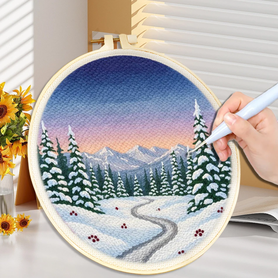 Punch Needle Poke Embroidery Kit Winter Forest Scenery DIY Punch Needle Kit Cross Stitch Set with Embroidery Frame Diy Crafts