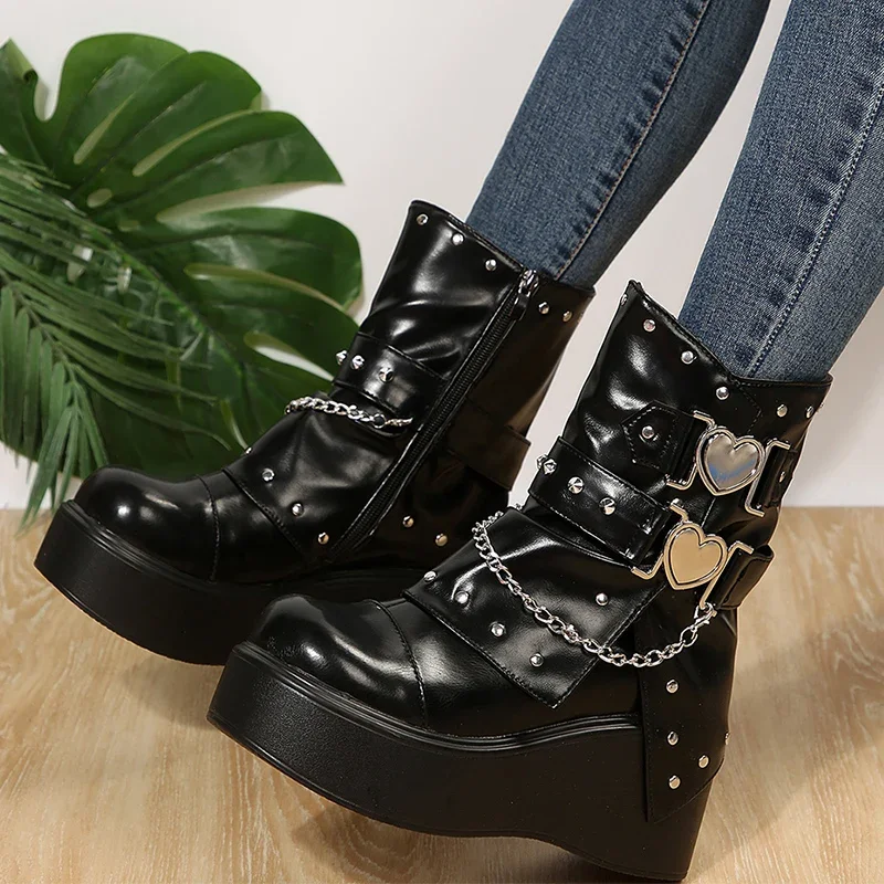 

2024 Winter New Women Platform Shoes High Heels Chain Chelsea Boots Trend Wedges Ankle Boots Pumps Zipper Punk Motocycle Botas