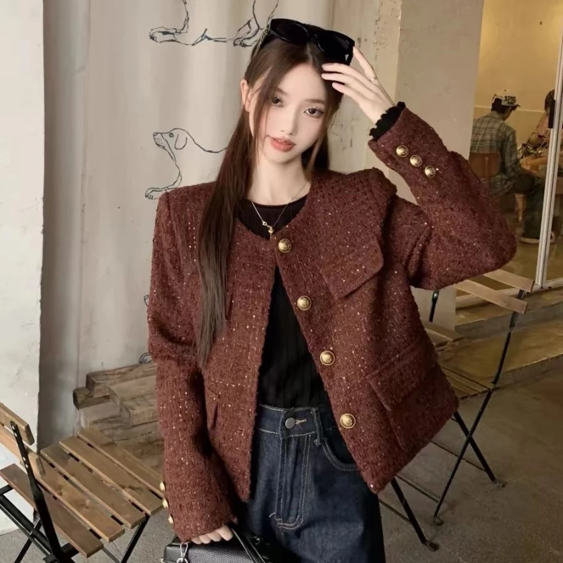 Vintage Button Long Sleeve Short Jacket Spring Autumn All-match Fashion Sequined Loose Tops Elegant High Street Women Clothing