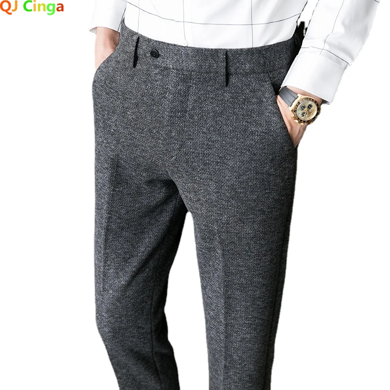 Winter Grey Men\'s Woolen Trousers, Fashion Business Pants, Khaki Slim Men Pantalon Autumn New Male Slacks