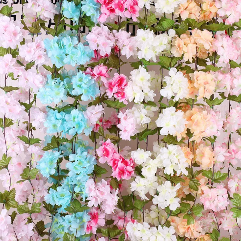 2pcs Artificial Flower String 230cm Artificial Sakura Vine Garland Cherry Blossoms Vines Garland Garden Arch Decor Fake Flowers