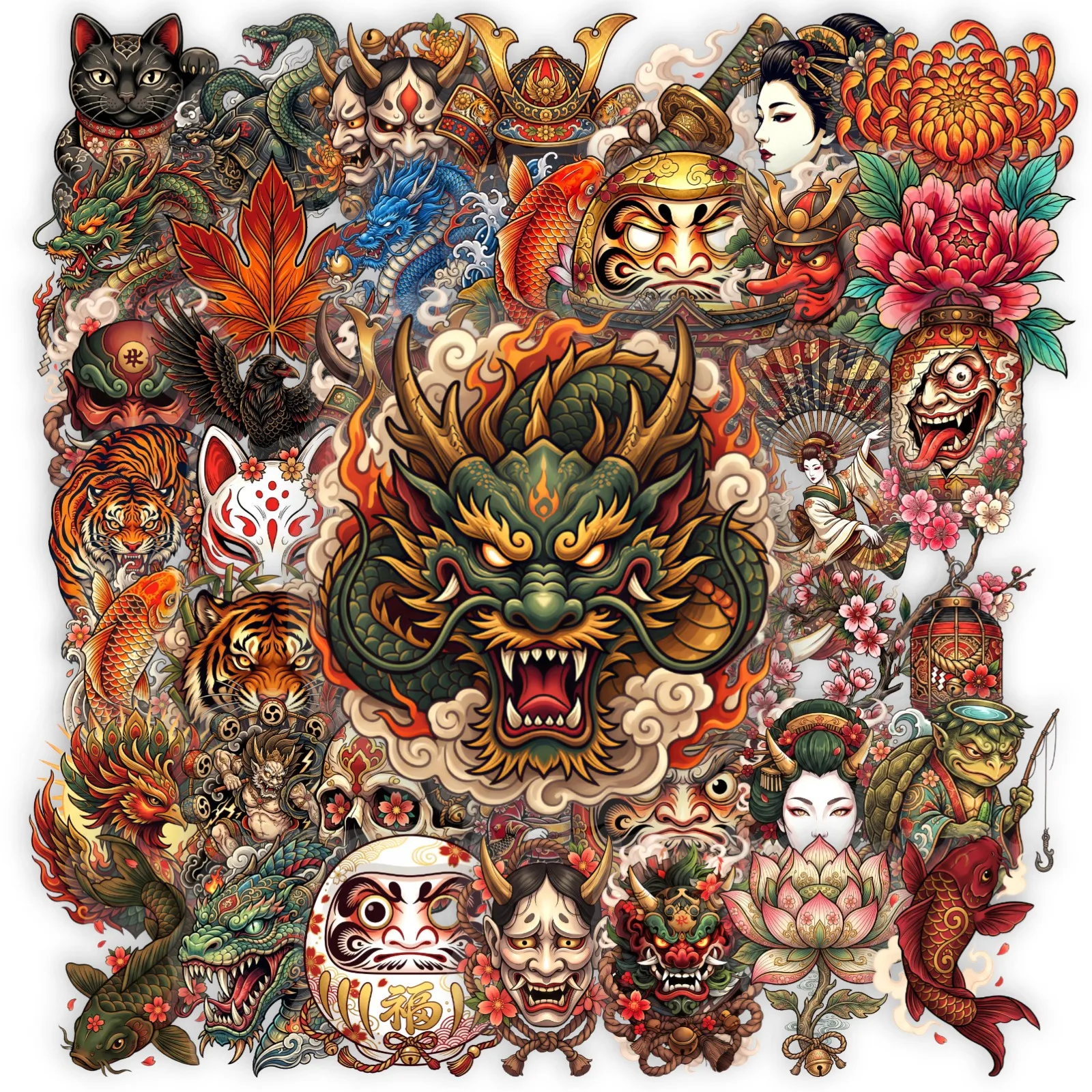 50 Sheets Japanese‑style Retro Ukiyo‑e Mythical Creature Stickers, Waterproof DIY Decor for Journals, Notebooks & Phone Case