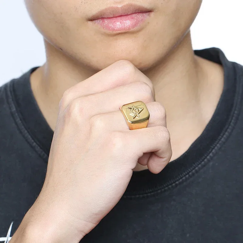 Gold Plated Stainless Steel High Polish Freemasonry Masonic Signet Ring for Men