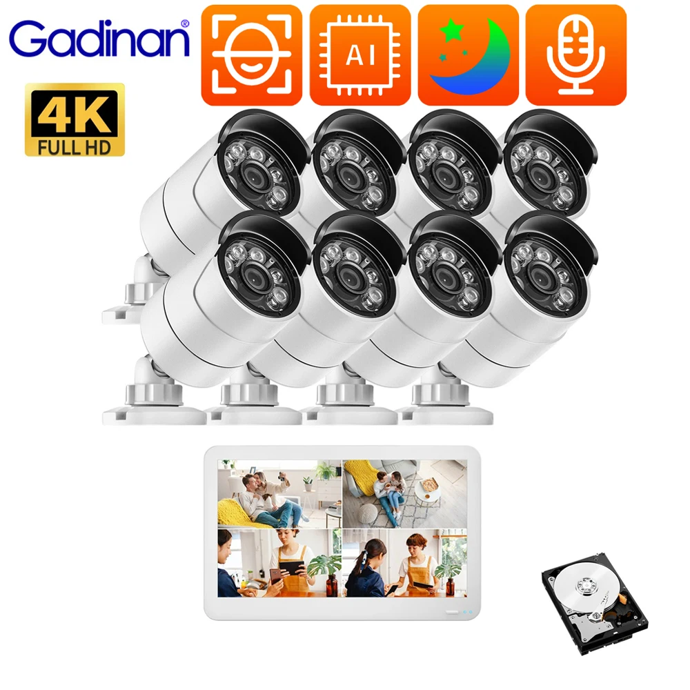 

Gadinan 4K POE 12"LCD Screen 8CH NVR Kit CCTV Security Camera System Face Detection Outdoor 8MP IP Camera Video Surveillance Set