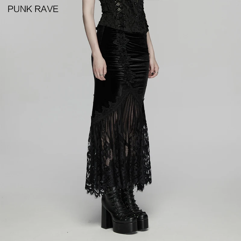 PUNK RAVE Women's Gothic Velvet Eyelashes Shape Lace Elegant Fishtail Skirt Interprete Romance Party Long Skirts Two Colors