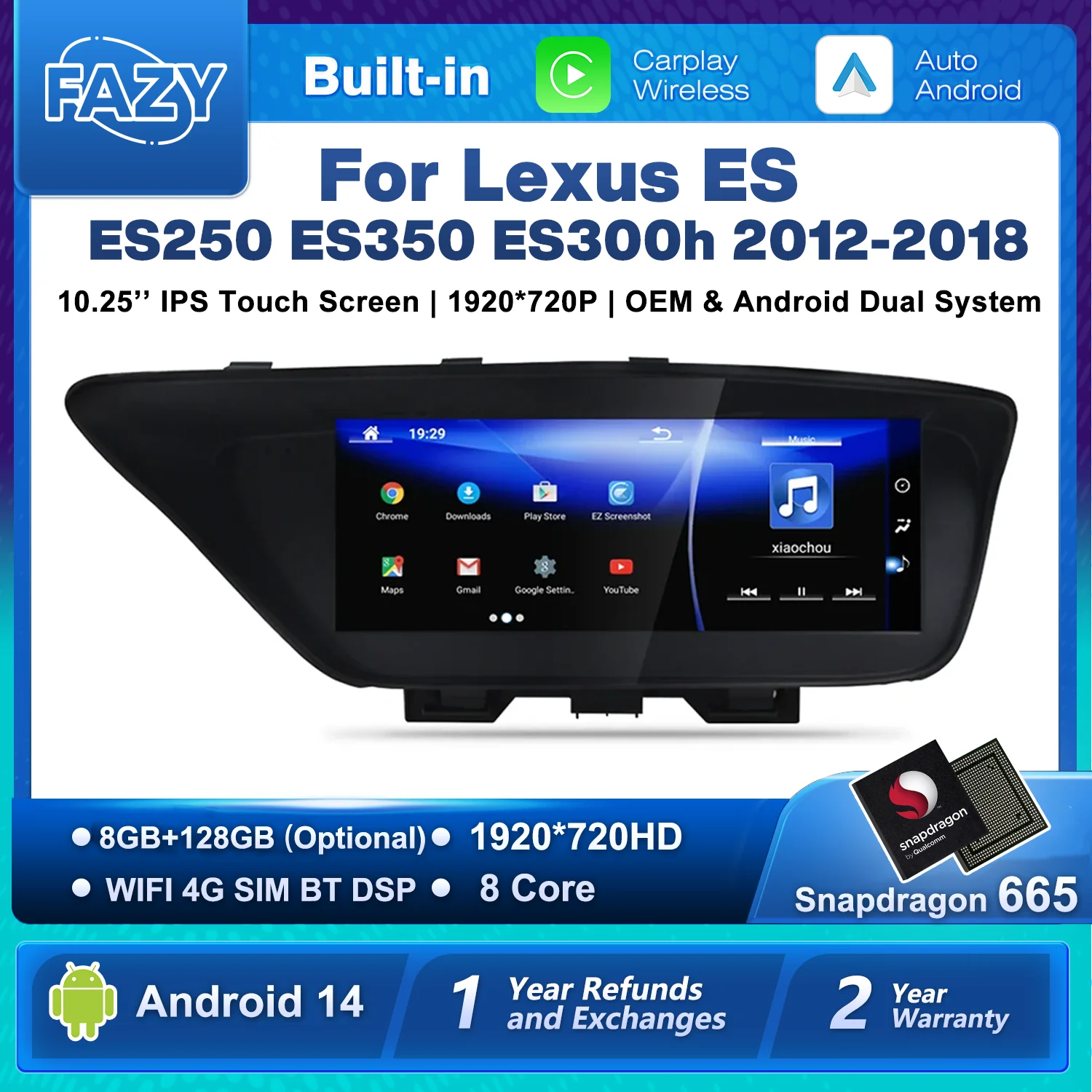FAZY Reproductor Multimedia de Video para Auto con Android 14 de 10.25'' para Lexus ES ES250 ES350 ES300h 2012-2018, Navegación GPS, CarPlay Inalámbrico