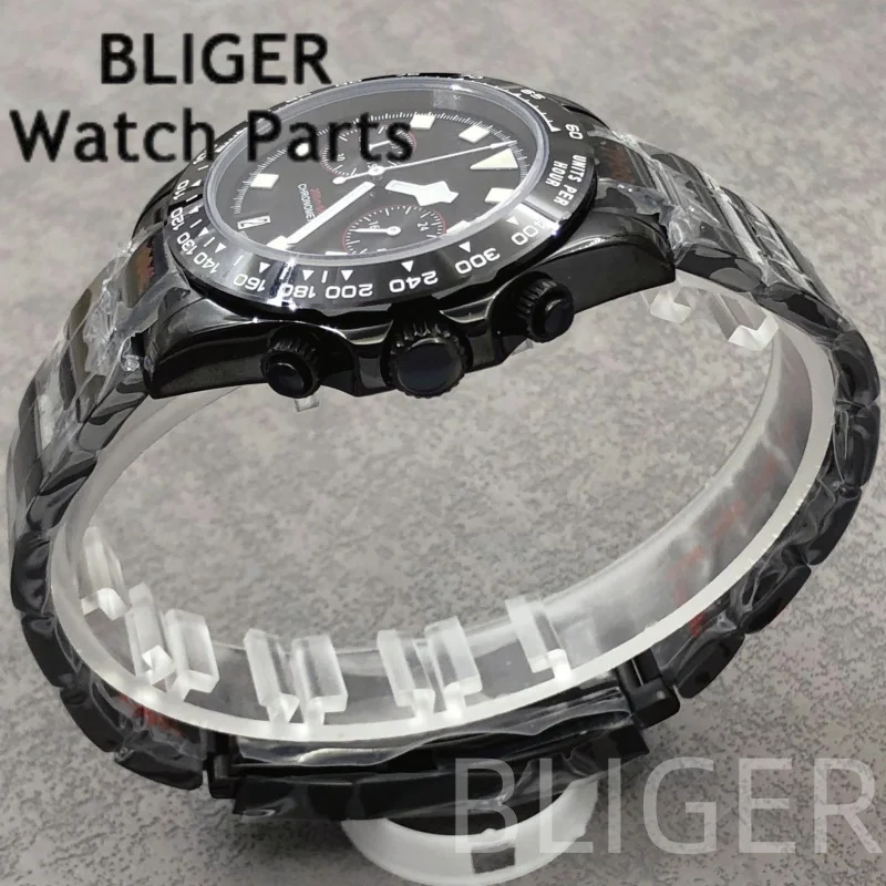 BLIGER 39mm Men's Luxury Black FXD Chronograph Cyclist VK64 Dial Snowflake Hand Quartz Wristwath C3 Luminous Sapphire Mirror