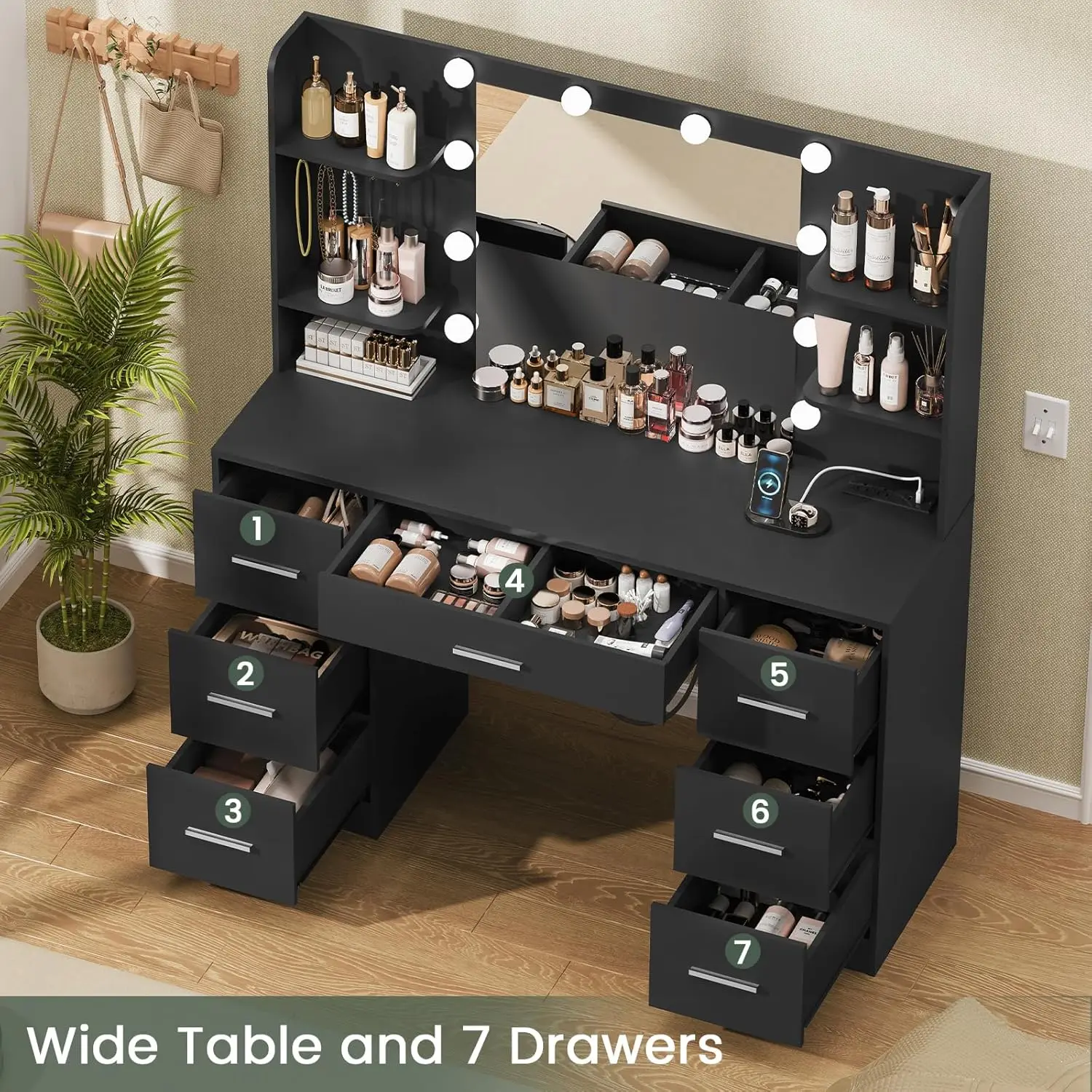 Large Vanity Desk with LED Lighted Mirror & Power Outlet,Makeup Vanity Table with 7 Drawers,4 Shelves and 5 Hooks,Vanity Table