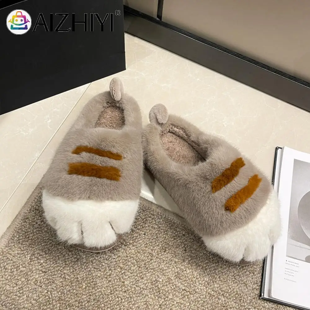 3D Cat Paw Plush Slippers Warm Slip-on House Shoes Anti Slip Fluffy Home Slippers Furry Paw Couple Slippers for Indoor Bedroom