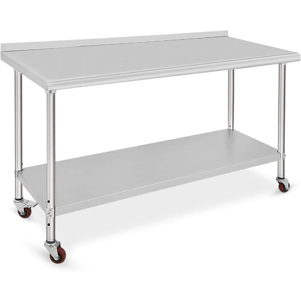 

Stainless Steel Table, Silver Stainless Steel Prep Table 60x24x35 Inches, Metal Commercial Kitchen Table with Caster, Backsplash