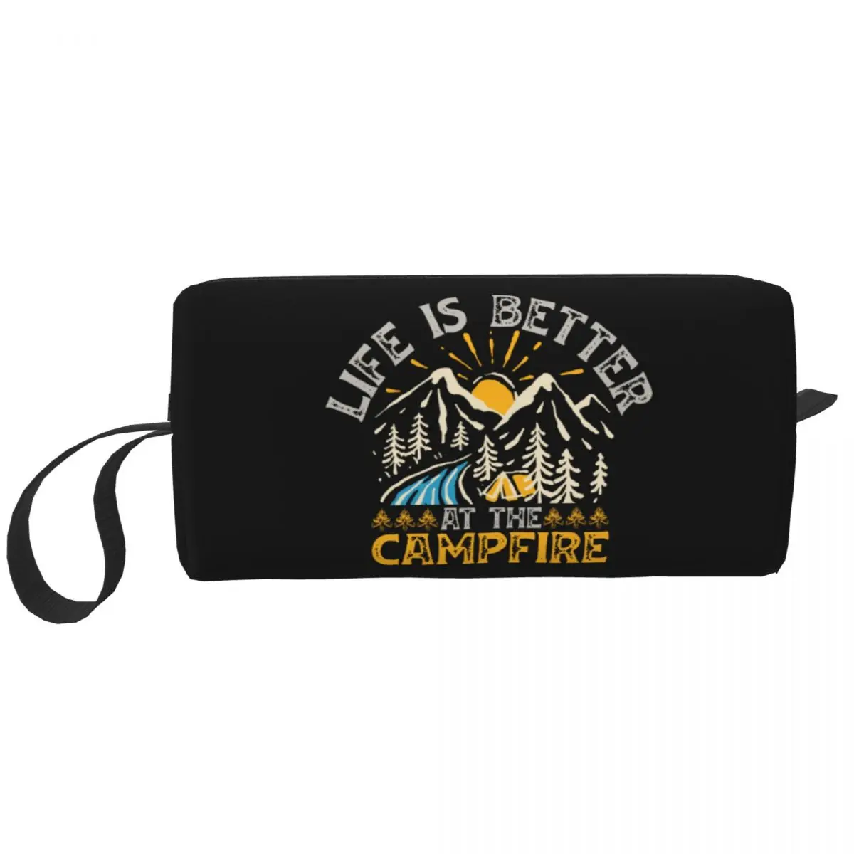 Custom Life Is Better Campfire Mountain Camping Toiletry Bag Fashion Cosmetic Makeup Organizer Beauty Storage Dopp Kit Case