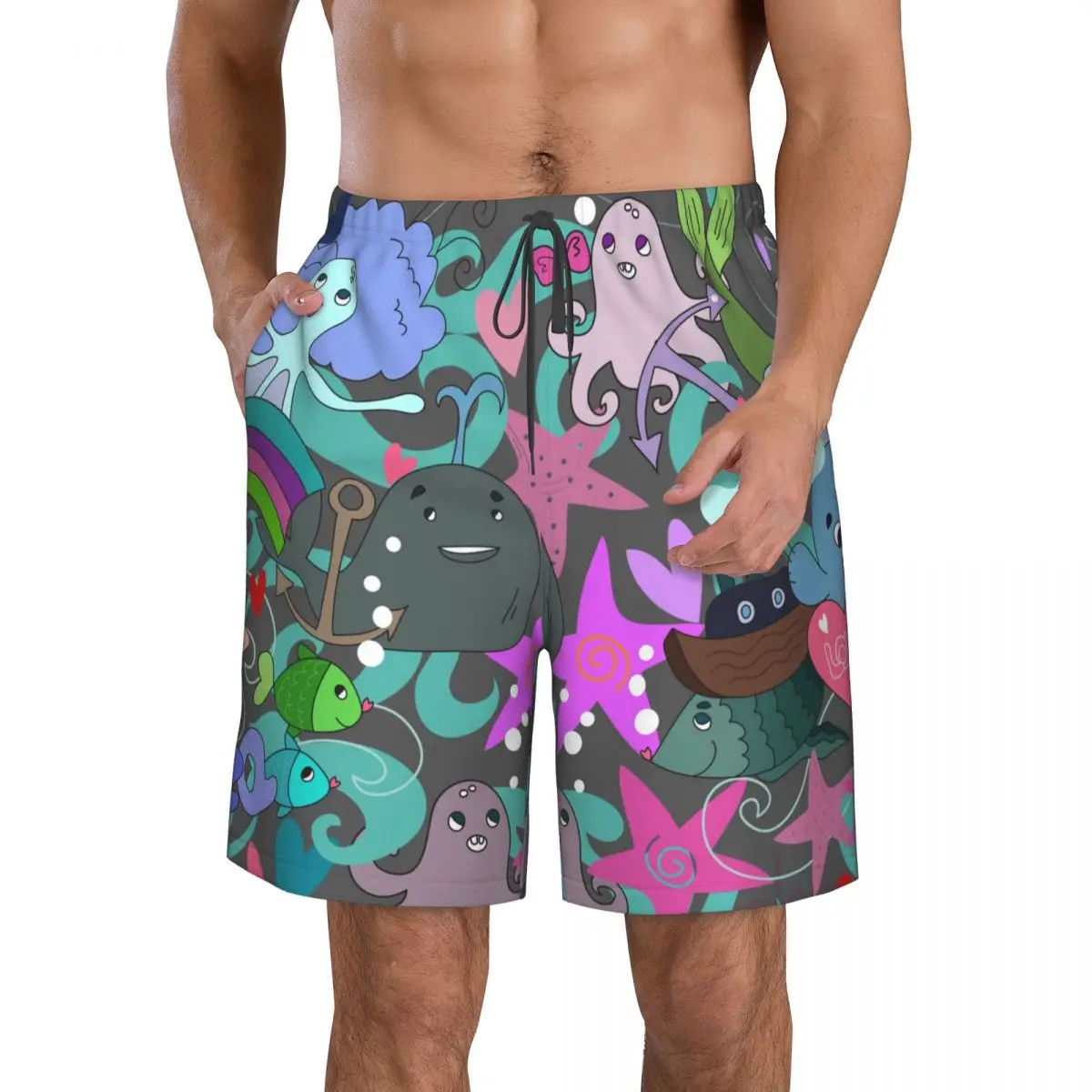 Men's Beach Short Swim Shorts Cartoon Sea Fishes Octopus Starfish Surfing Sport Board Shorts Swimwear