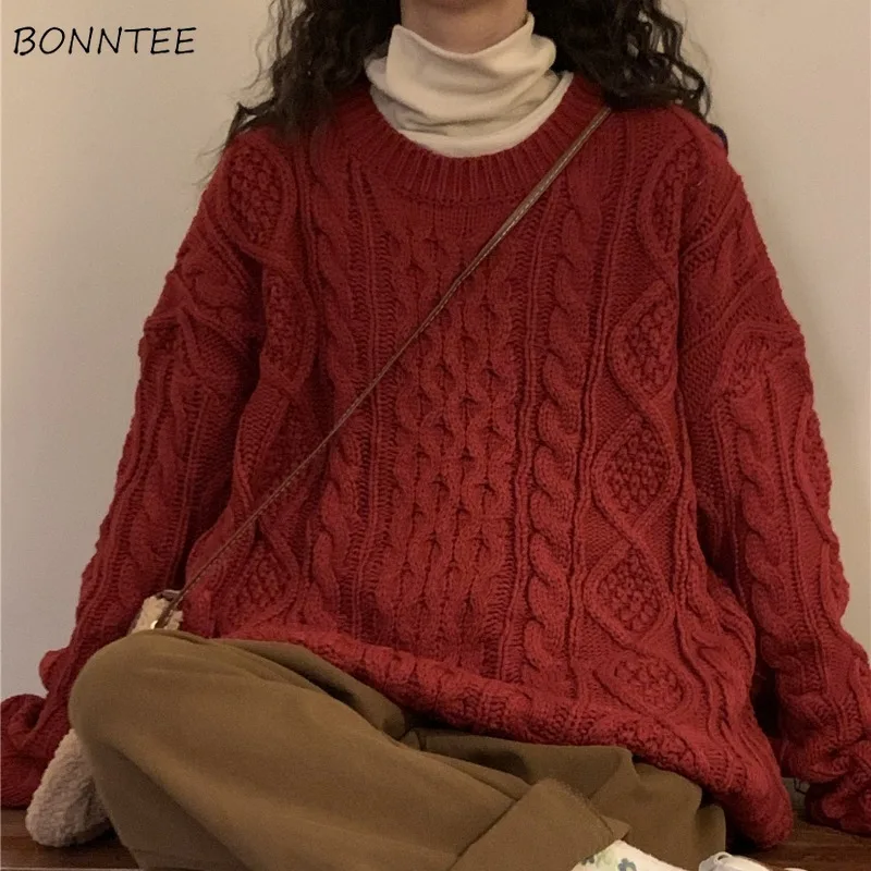 

Пуловеры женские однотонные свободные крой Ins ленивый стиль утолщенный рождественский вязаный свитер осень-зима универсальные нежные молодые студенты