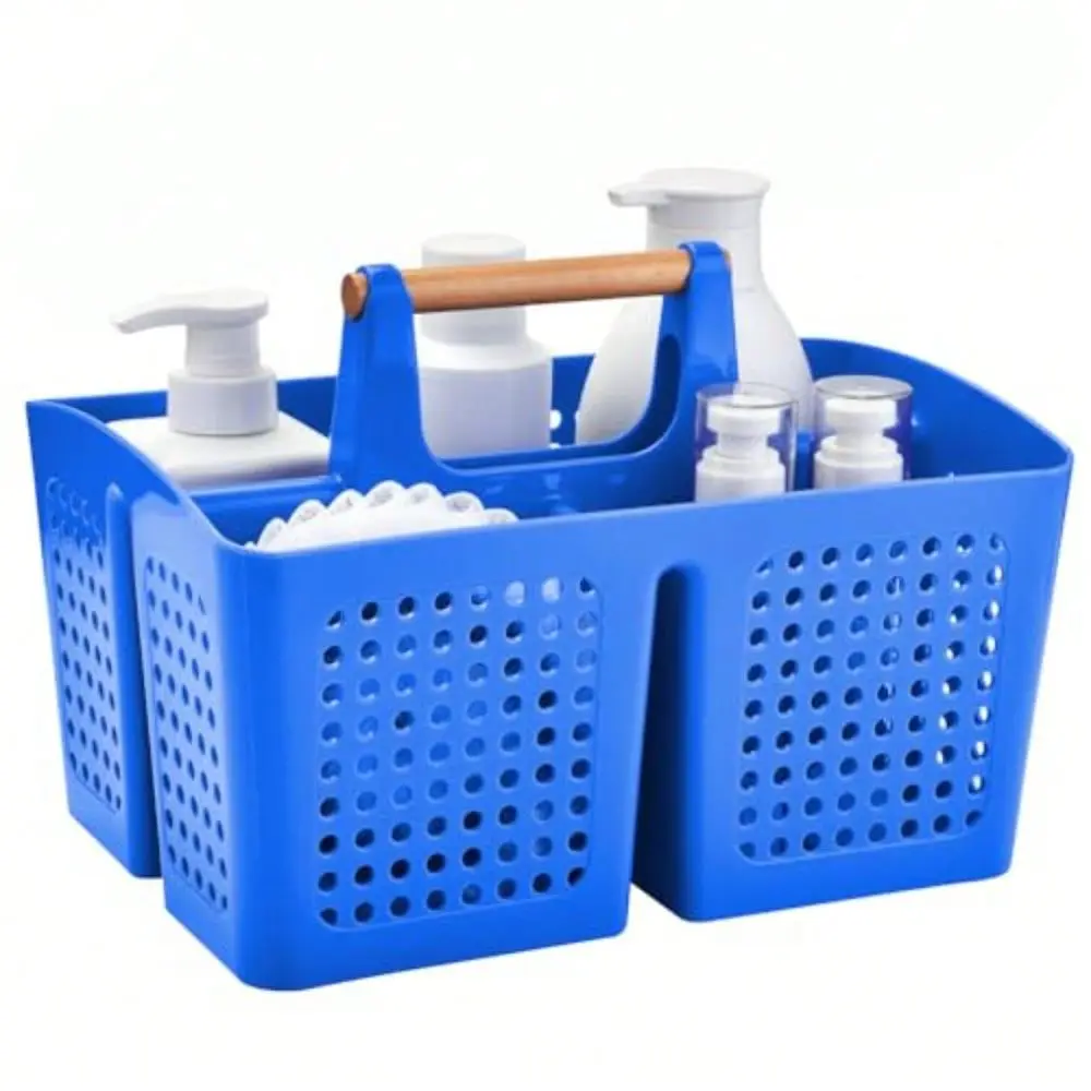 Shower Caddy Basket With Wood Handle, 3Compartment Bathroom Organizer Tote With Drain Holes, Plastic Shower Basket For Dorm, To
