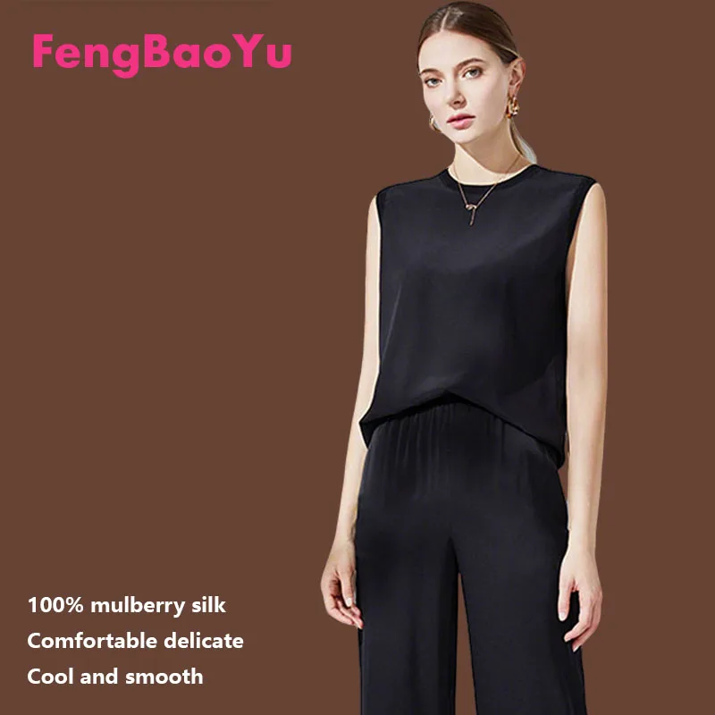 

Fengbaoyu 100% Natural Silk Women's Blouse - Loose Sleeveless Top with Simple Style, Comfortable and Cool for Spring and Summer