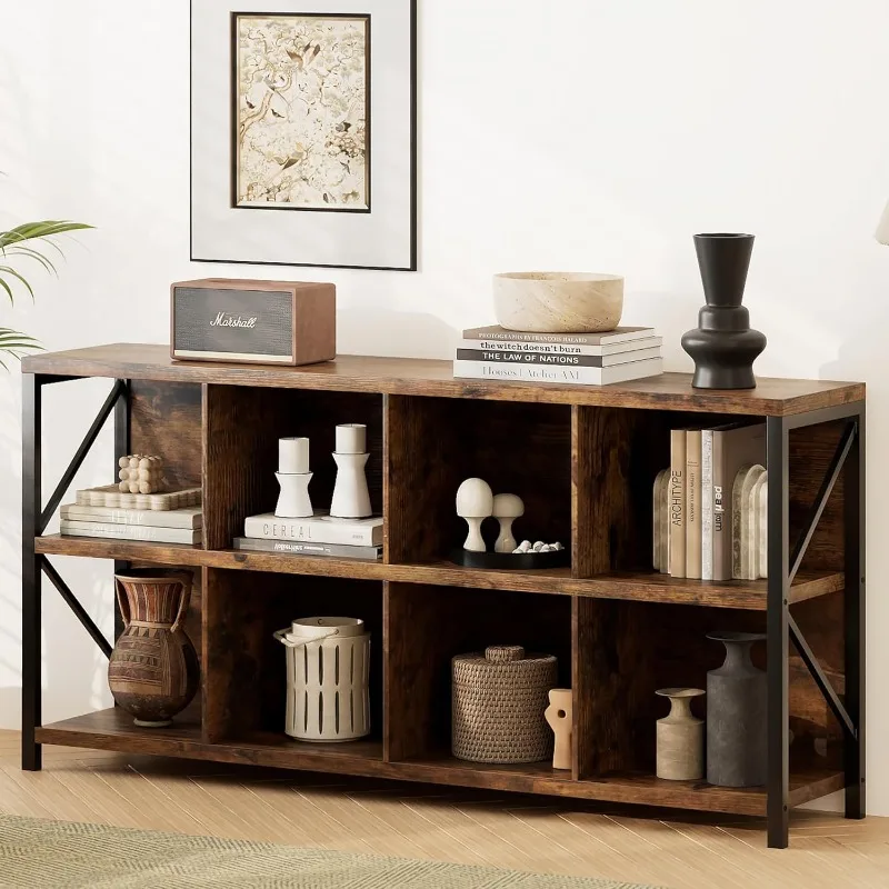

home.8 Cube Storage Organizer Bookshelf, Industrial Horizontal Bookcase, Accent Cubby Shelf, Media Console Table for Living Room