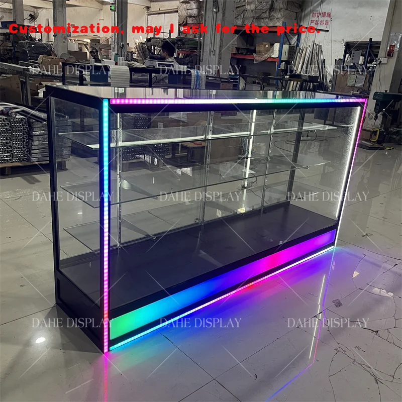

custom.Large Capacity Glass Cabinets Durable Vitrine Glass Showcase with Colorful Led Light Full Size Glass Shelves Smoke Store