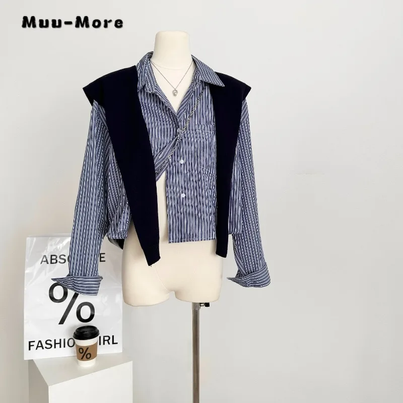 Camisa de peito único feminina, estilo coreano listrado solto, manga comprida, gola virada para baixo casual, blusa larga, blusa de inverno, outono, 2023