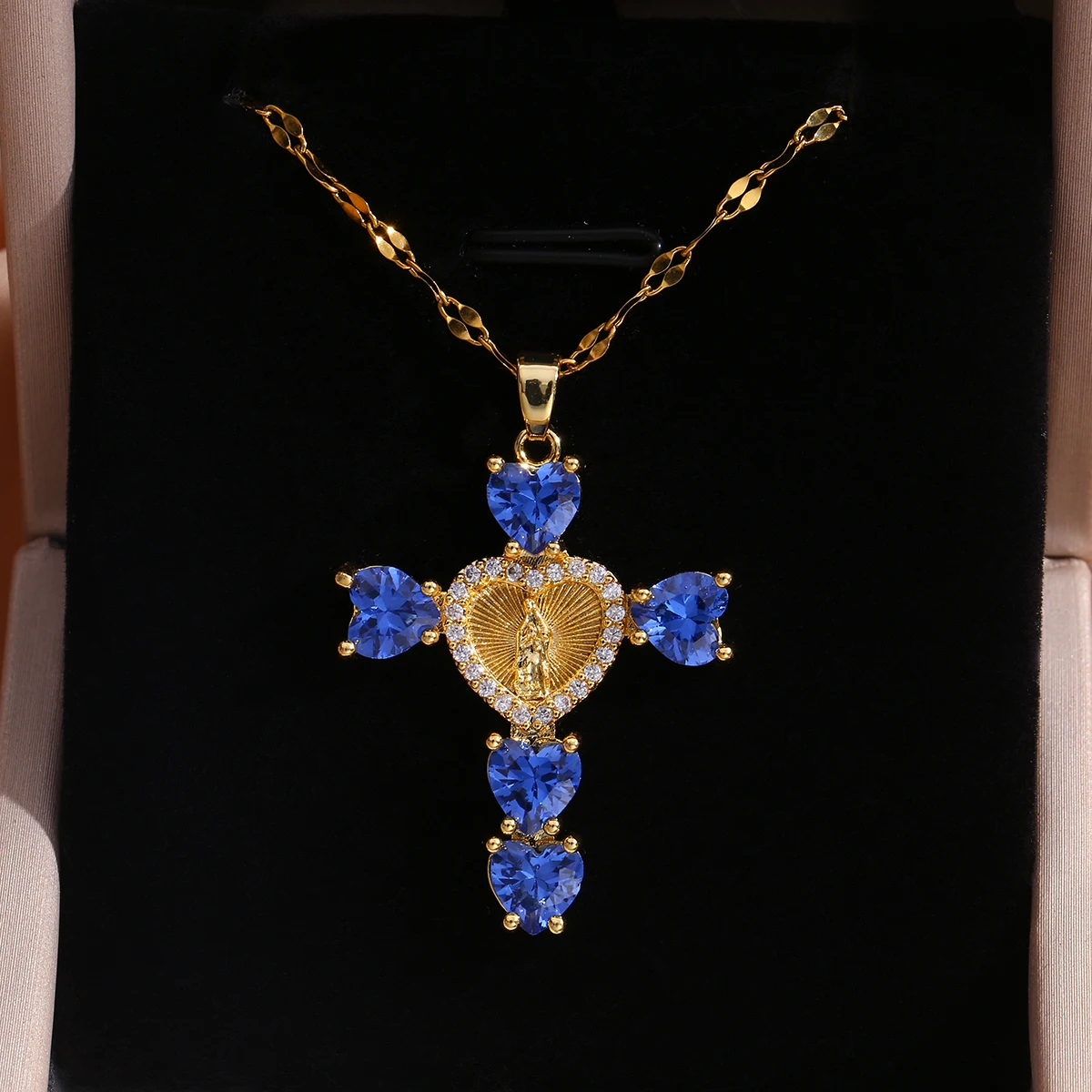 1pcs Romantic Blue Love Heart Virgin Mary Cross Pendant Necklace for Women Charming Jewelry Gift Suitable for Many Occasions