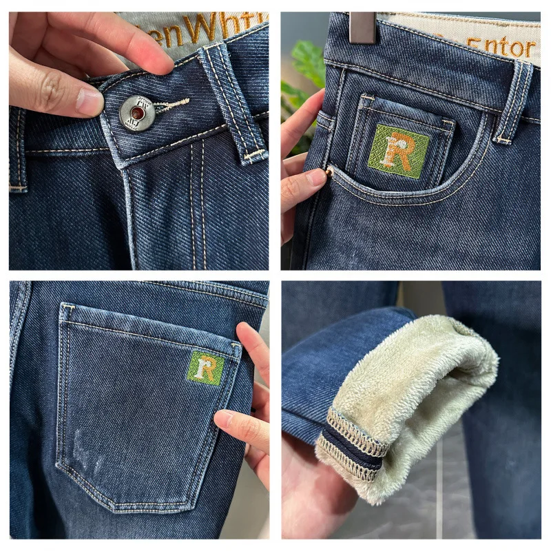 Celana jeans tebal musim dingin pria, model high-end trendi dengan bordir dan motif, kasual slim fit, tahan dingin, hangat, potongan kecil.