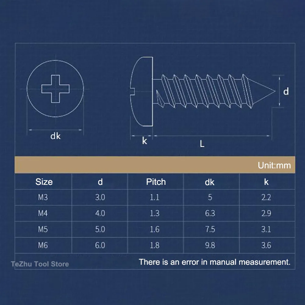 Blue Zinc Cross Pan Head Self-Tapping Long Screw PA Plus Hard Philips Round Head Self-Tapping Wood Screw M3~M6